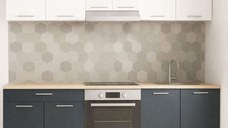 Set bucatarie GERMANIA 220 cm, 6 corpuri, corp cuptor, 1 sertar, blat gros, antracit + alb