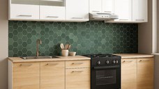 Set bucatarie GERMANIA 240 cm, 7 corpuri, blat gros, sonoma + alb