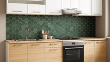 Set bucatarie GERMANIA 240 cm, 8 corpuri, corp cuptor, blat gros, sonoma + alb