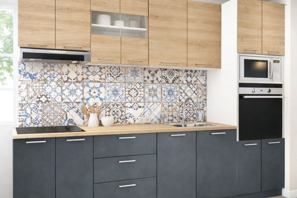 Set bucatarie GERMANIA 260 cm, 7 corpuri, corp cuptor-cuptor microunde, 3 sertare, blat gros, antracit + sonoma