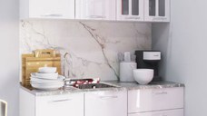 Set bucatarie IRIS 140 cm, 4 corpuri, cu sertare, blat termorezistent, fronturi MDF, alb