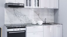 Set bucatarie IRIS 200 cm, 6 corpuri, sertare, blat termorezistent, fronturi MDF, alb