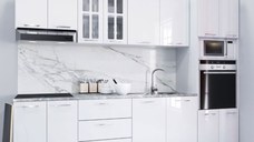 Set bucatarie IRIS 260 cm, 7 corpuri, corp cuptor + microunde, blat termorezistent, fronturi MDF, alb