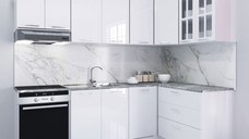 Set bucatarie IRIS COLT 240x140 cm, 9 corpuri, corp cuptor, blat termorezistent, fronturi MDF, alb