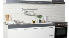 Set bucatarie SARONA 240 cm, 7 corpuri, corp hota, blat PAL, alb + antracit