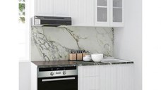 Set bucatarie SPACE 160 cm, 6 corpuri, corp cuptor, cu sertare, blat termorezistent, fronturi MDF, alb rustic