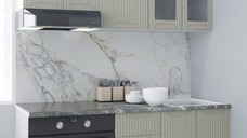 Set bucatarie SPACE 160 cm, 6 corpuri, corp cuptor, cu sertare, blat termorezistent, fronturi MDF, crem