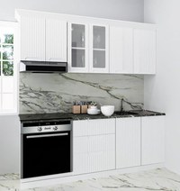 Set bucatarie SPACE 200 cm, 6 corpuri, corp cuptor, cu sertare, blat termorezistent, fronturi MDF, alb rustic - 1