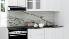 Set bucatarie SPACE 200 cm, 6 corpuri, corp cuptor, cu sertare, blat termorezistent, fronturi MDF, alb rustic