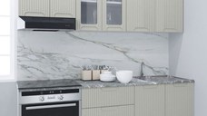 Set bucatarie SPACE 200 cm, 6 corpuri, corp cuptor, cu sertare, blat termorezistent, fronturi MDF, crem