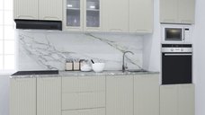 Set Bucatarie SPACE 260 cm, 7 Corpuri cu Cuptor si Microunde, Blat Termorezistent, Fronturi MDF Crem