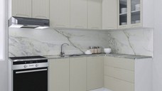 Set bucatarie SPACE COLT 240x140 cm, 9 corpuri, blat termorezistent, fronturi MDF, crem