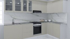 Set bucatarie SPACE COLT 300x140 cm, 11 corpuri, blat termorezistent, fronturi MDF, crem