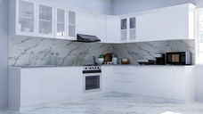 Set bucatarie SPACE COLT 300x250 cm, 15 corpuri, blat termorezistent, fronturi MDF, alb rustic