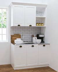 Set bucatarie SQUARE 120 cm, 2 corpuri, blat termorezistent, fronturi MDF, alb antichizat - 1