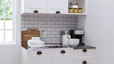 Set bucatarie SQUARE 120 cm, 2 corpuri, cu sertar, blat termorezistent, fronturi MDF, alb antichizat