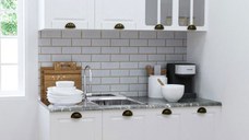 Set bucatarie SQUARE 140 cm, 4 corpuri, blat termorezistent, fronturi MDF, alb rustic