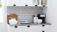 Set bucatarie SQUARE 140 cm, 4 corpuri, cu sertare, blat termorezistent, fronturi MDF, alb rustic