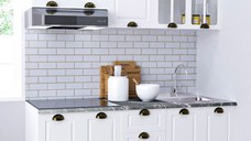 Set bucatarie SQUARE 160 cm, 6 corpuri, blat termorezistent, fronturi MDF, alb rustic