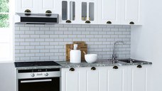 Set bucatarie SQUARE 200 cm, 6 corpuri, corp cuptor, blat termorezistent, fronturi MDF, alb rustic