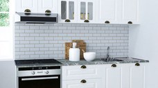 Set bucatarie SQUARE 200 cm, 6 corpuri, corp cuptor, cu sertare, blat termorezistent, fronturi MDF, culoare alb rustic