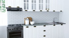 Set bucatarie SQUARE 260 cm, 7 corpuri, blat termorezistent, fronturi MDF, culoare alb rustic