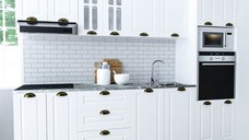 Set bucatarie SQUARE 260 cm, 7 corpuri, corp cuptor + microunde, blat termorezistent, fronturi MDF, alb rustic