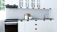 Set bucatarie SQUARE 260 cm, 8 corpuri, corp cuptor, blat termorezistent, fronturi MDF, alb rustic