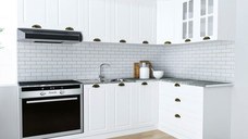 Set bucatarie SQUARE COLT 240x140 cm, 9 corpuri, blat termorezistent, fronturi MDF, alb rustic