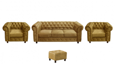 Set CHESTERFIELD 3-1-1, canapea  extensibila 3 locuri si 2 fotolii fixe, galben + 1 Taburet Cadou