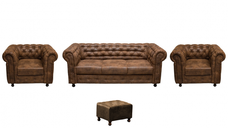 Set CHESTERFIELD 3-1-1, canapea extensibila 3 locuri si 2 fotolii fixe, maro - 1 Taburet Cadou