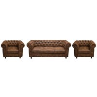 Set CHESTERFIELD 3-1-1, canapea extensibila 3 locuri si 2 fotolii fixe, maro - 1