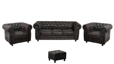 Set CHESTERFIELD 3-1-1, canapea  extensibila 3 locuri si 2 fotolii fixe, negru + 1 Taburet Cadou