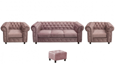 Set CHESTERFIELD 3-1-1, canapea extensibila 3 locuri si 2 fotolii fixe, roz prafuit + 1 Taburet Cadou