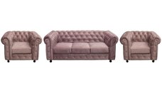 Set CHESTERFIELD 3-1-1, canapea extensibila 3 locuri si 2 fotolii fixe, roz prafuit