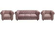 Set CHESTERFIELD 3-1-1, canapea extensibila 3 locuri si 2 fotolii fixe, roz prafuit