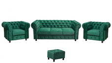 Set CHESTERFIELD 3-1-1, canapea  extensibila 3 locuri si 2 fotolii fixe, verde + 1 Taburet Cadou
