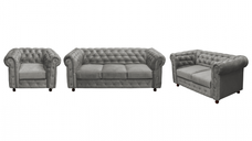 Set CHESTERFIELD 3-2-1, canapea extensibila 3 locuri, canapea fixa 2 locuri si fotoliu fix, gri deschis