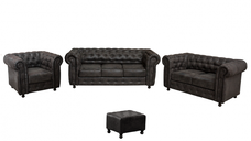 Set CHESTERFIELD 3-2-1, canapea extensibila 3 locuri, canapea fixa 2 locuri si fotoliu fix, negru + 1 Taburet Cadou