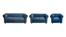 Set CHESTERFIELD 3-2-1, canapea fixa 3 locuri, canapea fixa 2 locuri si 1 fotoliu fix, albastru