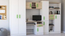 Set de dormitor pentru tineret MACIUS, 5 piese, PAL alb si sonoma, manere verzi, dimensiuni 300x52x197 cm
