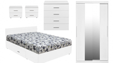 Set dormitor ALMA, 5 piese, pat 160x200 cm, dulap usi glisante cu oglinda, comoda, 2 noptiere, alb