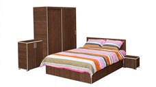 Set dormitor CORINNE, 5 piese, pat 160x200 cm, dulap usi glisante, 2 noptiere, comoda, nuc, cant vanilie