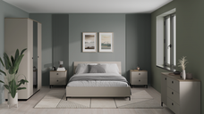 Set dormitor DOMINICA, 5 piese, pat cu somiera rabatabila 160x200 cm, dulap 3 usi cu oglinda, comoda, 2 noptiere, taupe + stejar silverjack