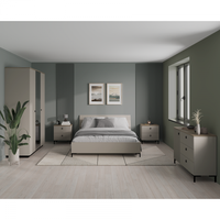 Set dormitor DOMINICA, 5 piese, pat cu somiera rabatabila 160x200 cm, dulap 3 usi cu oglinda, comoda, 2 noptiere, taupe + stejar silverjack - 1