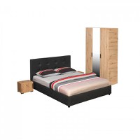 Set dormitor ECONO, 4 piese, pat 140x200 cm, dulap 3 usi, 2 noptiere, artisan + gri antracit - 1