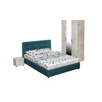 Set dormitor ECONO, 4 piese, pat 140x200 cm, dulap 3 usi, 2 noptiere, pin antichizat + turcoaz - 1