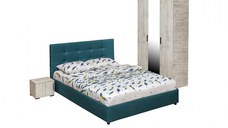 Set dormitor ECONO, 4 piese, pat 160x200 cm, dulap 3 usi, 2 noptiere, pin antichizat + turcoaz
