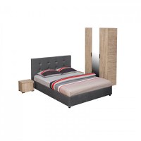 Set dormitor ECONO, 4 piese, pat 160x200 cm, dulap 3 usi, 2 noptiere, sherwood + gri - 1