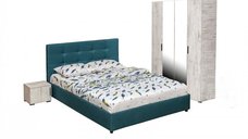 Set dormitor ECONO, 4 piese, pat 160x200 cm, dulap 4 usi, 2 noptiere, pin antichizat + turcoaz